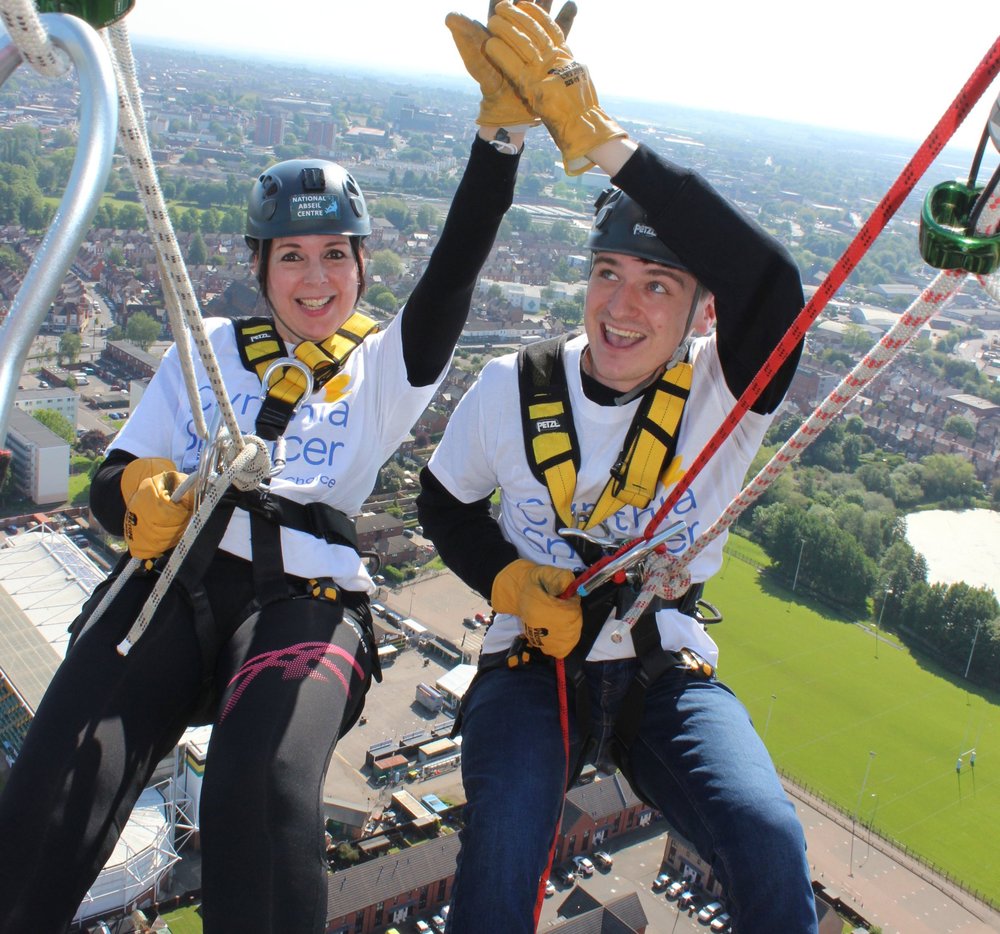 Paula and Ryan raise £590 for Cynthia Spencer Hospice during lift tower abseil!